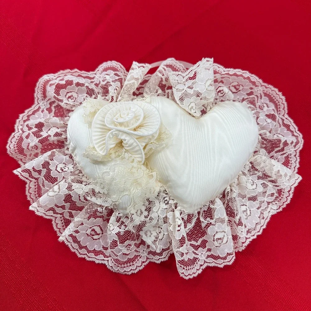 Double Heart‎ Shaped Pillow White Lace Trim Romantic Wedding Accent